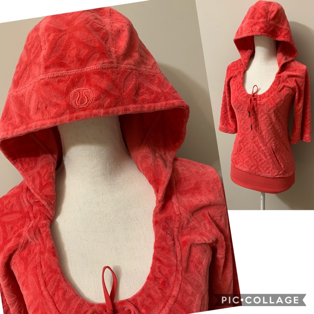 Vtg Lululemon red velvet burnout terrycloth 3/4 sleeve hooded top / sz S - Picture 3 of 3